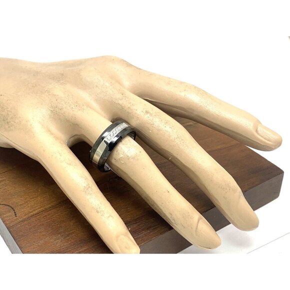 Wedding Band Stainless Steel Ceramic Cubic Zirconia 8mm Unisex Ring Size 9 - Picture 5 of 15